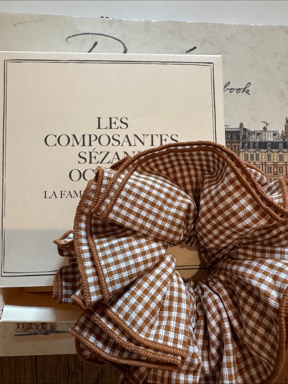 Gingham Ruffle Scrunchie in latte Brown & White